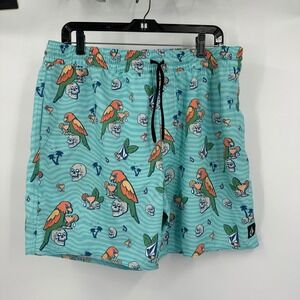 Volcom Mens Board Shorts Size XL Teal Parrot Skull Tropical Print Swim Trunks